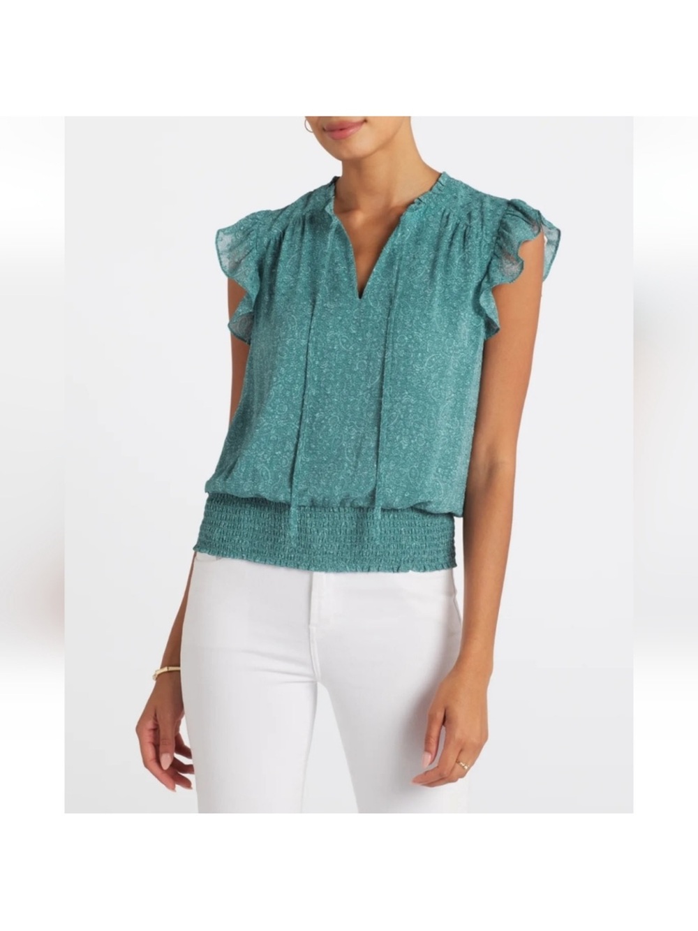 Flutter Sleeve Smocked-Hem Blouse in Teal